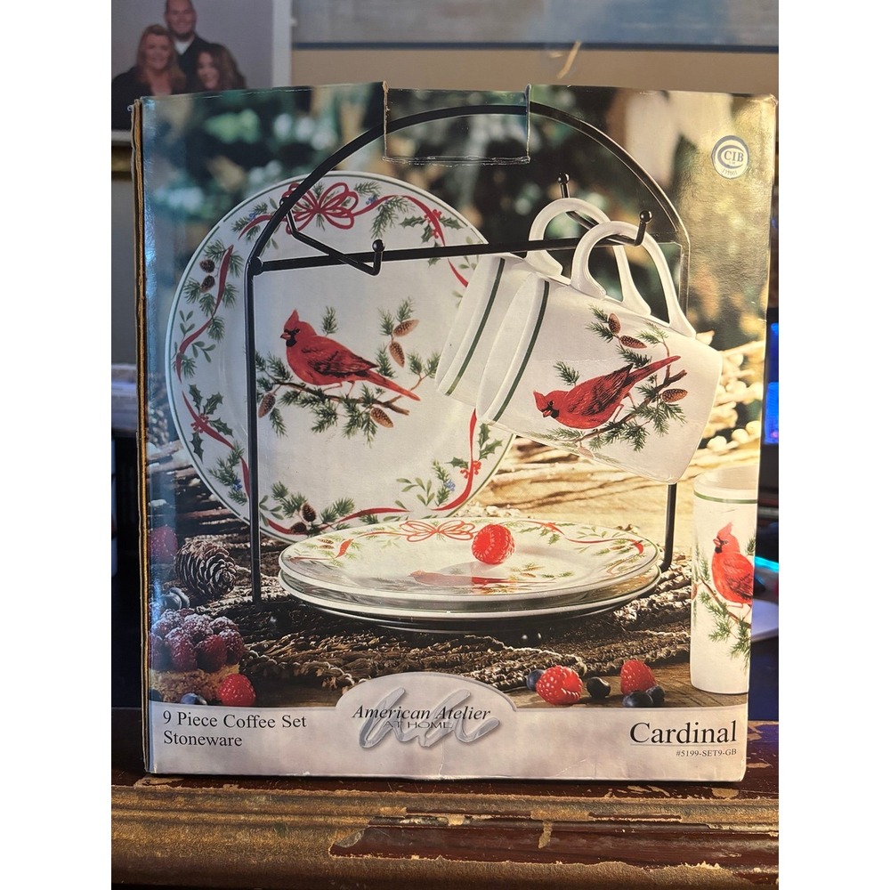 Christmas American Atelier At Home 9 pc. Stoneware Coffee Set Cardinal Bird NIB